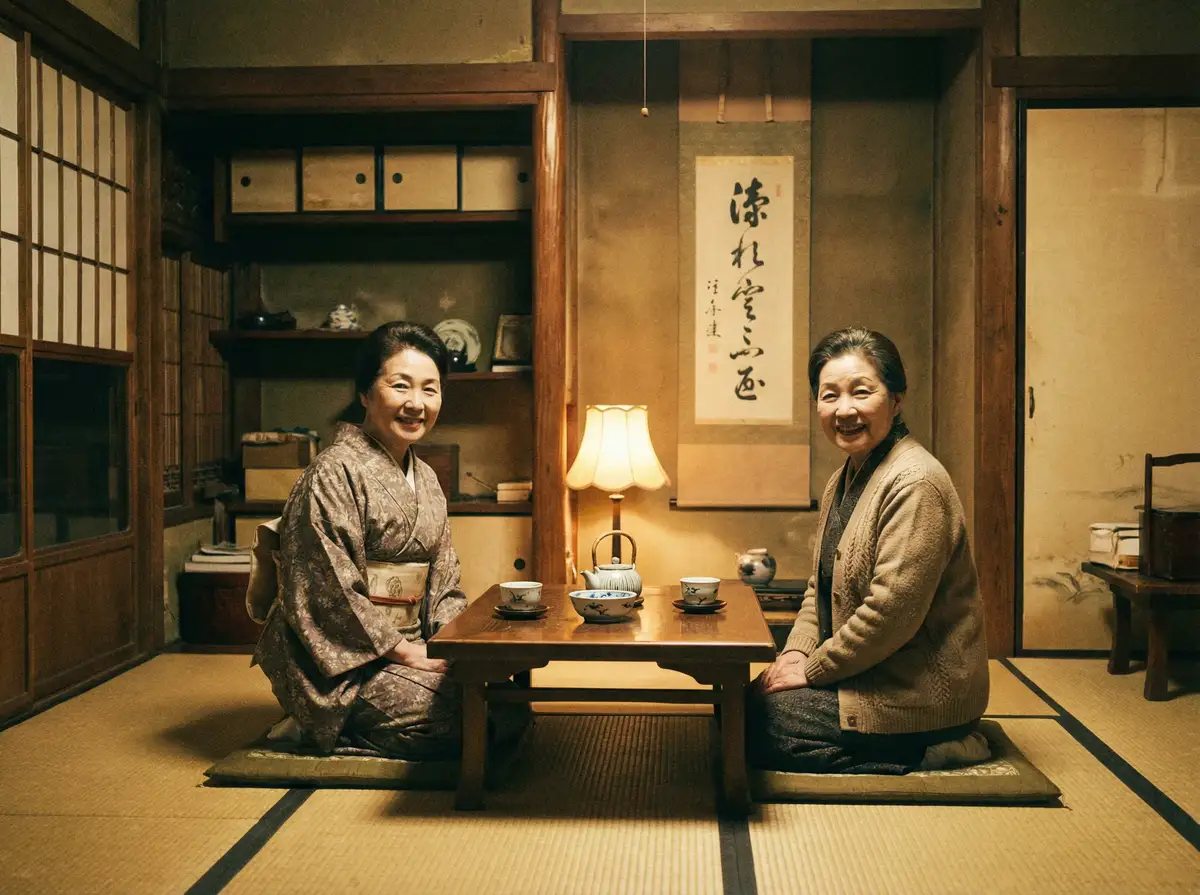 两位优雅的 蓝火体育网站 在日式茶室中品茶交谈